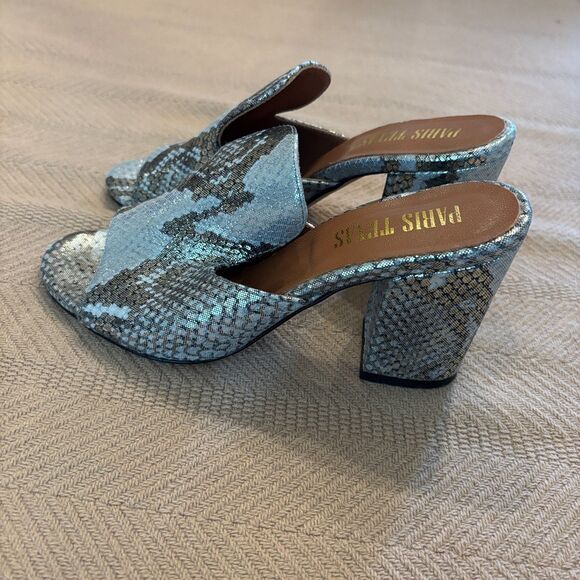 Paris Texas Heels Womens 36 Blue Leather Metallic Snakeskin Open Toe Mule Block - Picture 2 of 8